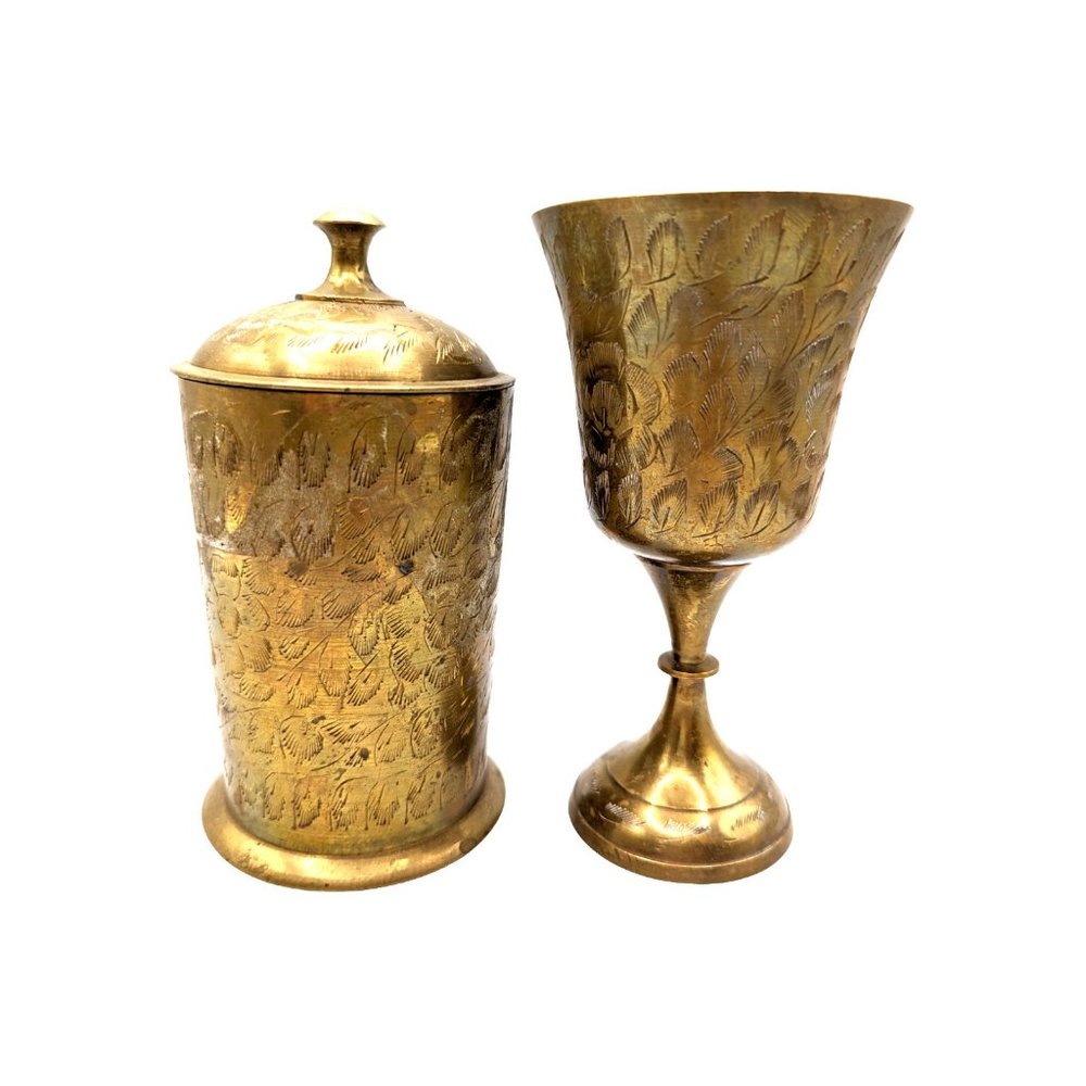 Vtg Brass Lot of 2 Lidded Jar and Goblet w Etched Flowers World Gift Z.Y. India